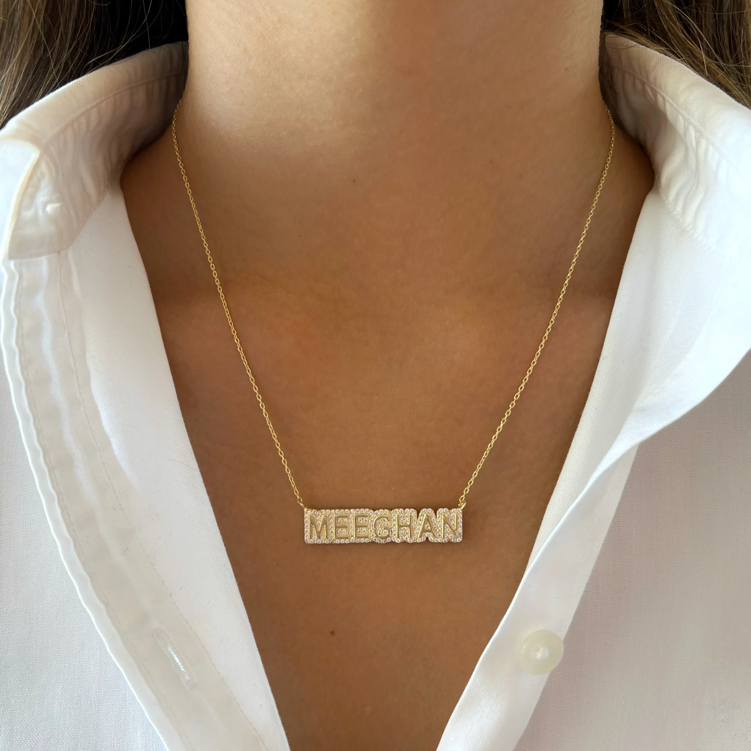 Pave Outline Block Name Necklace