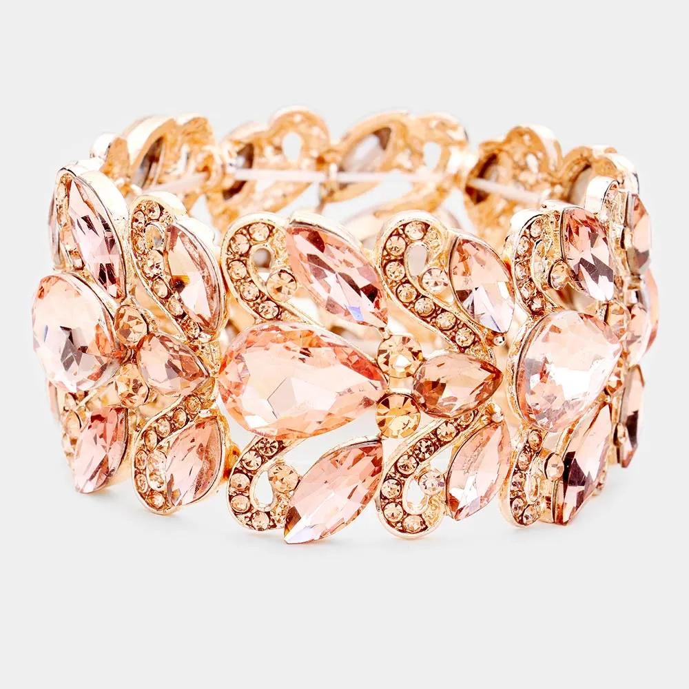 Peach Chunky Crystal Teardrop Pageant Stretch Bracelet on Rose Gold  | Prom Bracelet | 455367