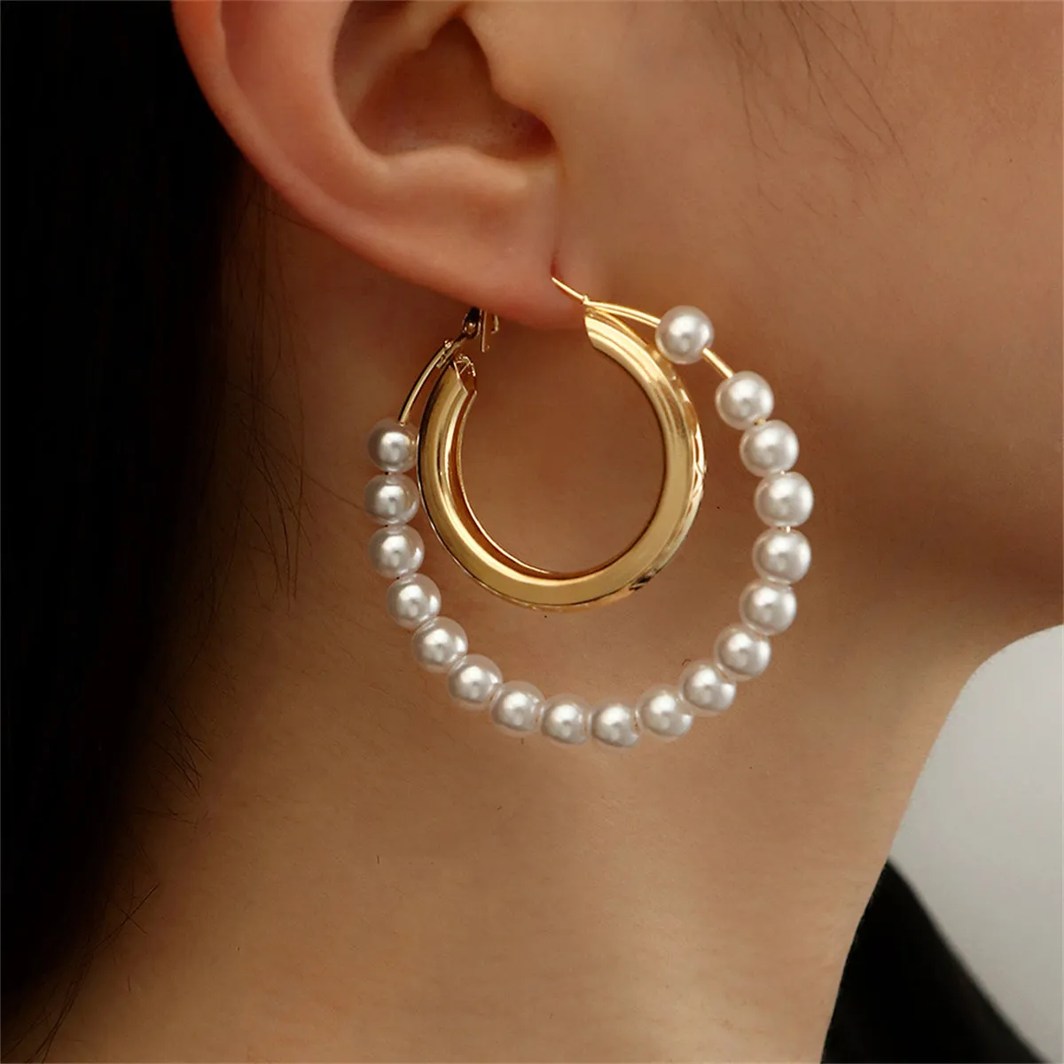 Pearl & 18K Gold-Plated Bead Circle Layered Drop Earrings