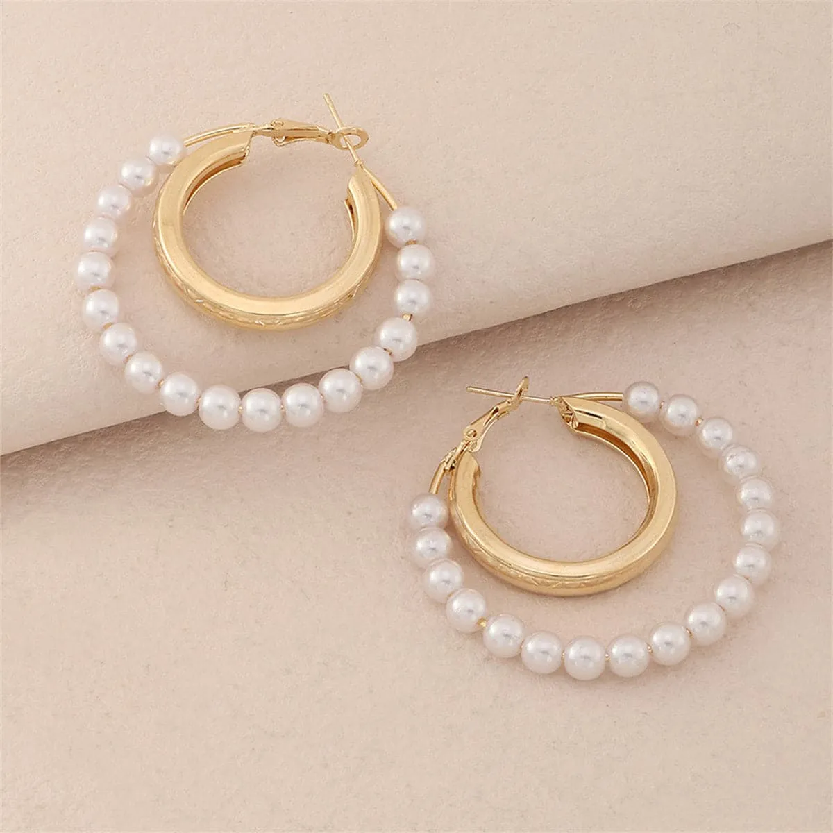 Pearl & 18K Gold-Plated Bead Circle Layered Drop Earrings