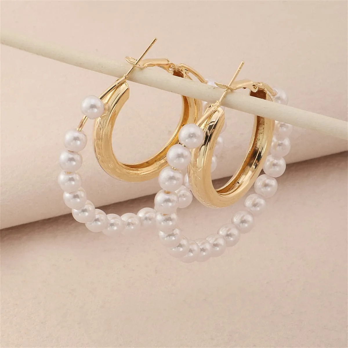 Pearl & 18K Gold-Plated Bead Circle Layered Drop Earrings