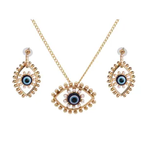 Pearl & 18K Gold-Plated Eye Pendant Necklace & Drop Earrings