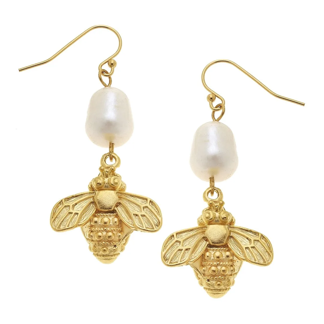Pearl & Bee Drop Earrings, gold