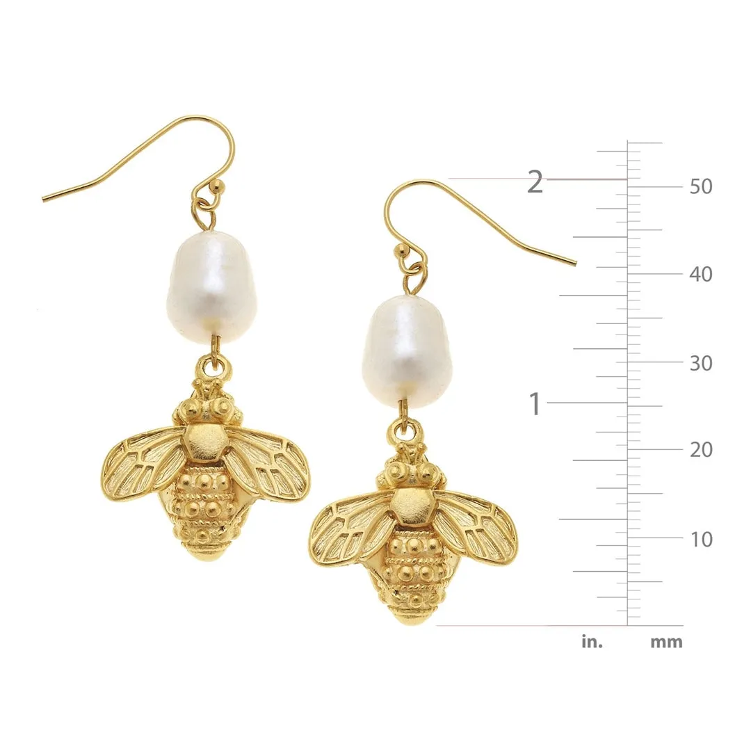 Pearl & Bee Drop Earrings, gold