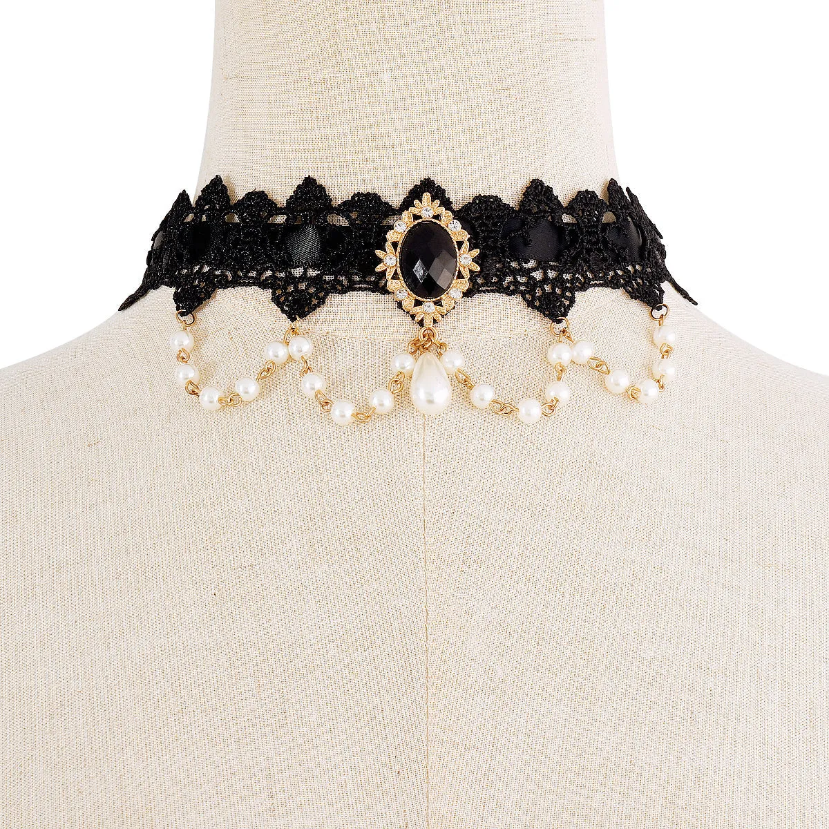 Pearl & Black Crystal Halloween Choker