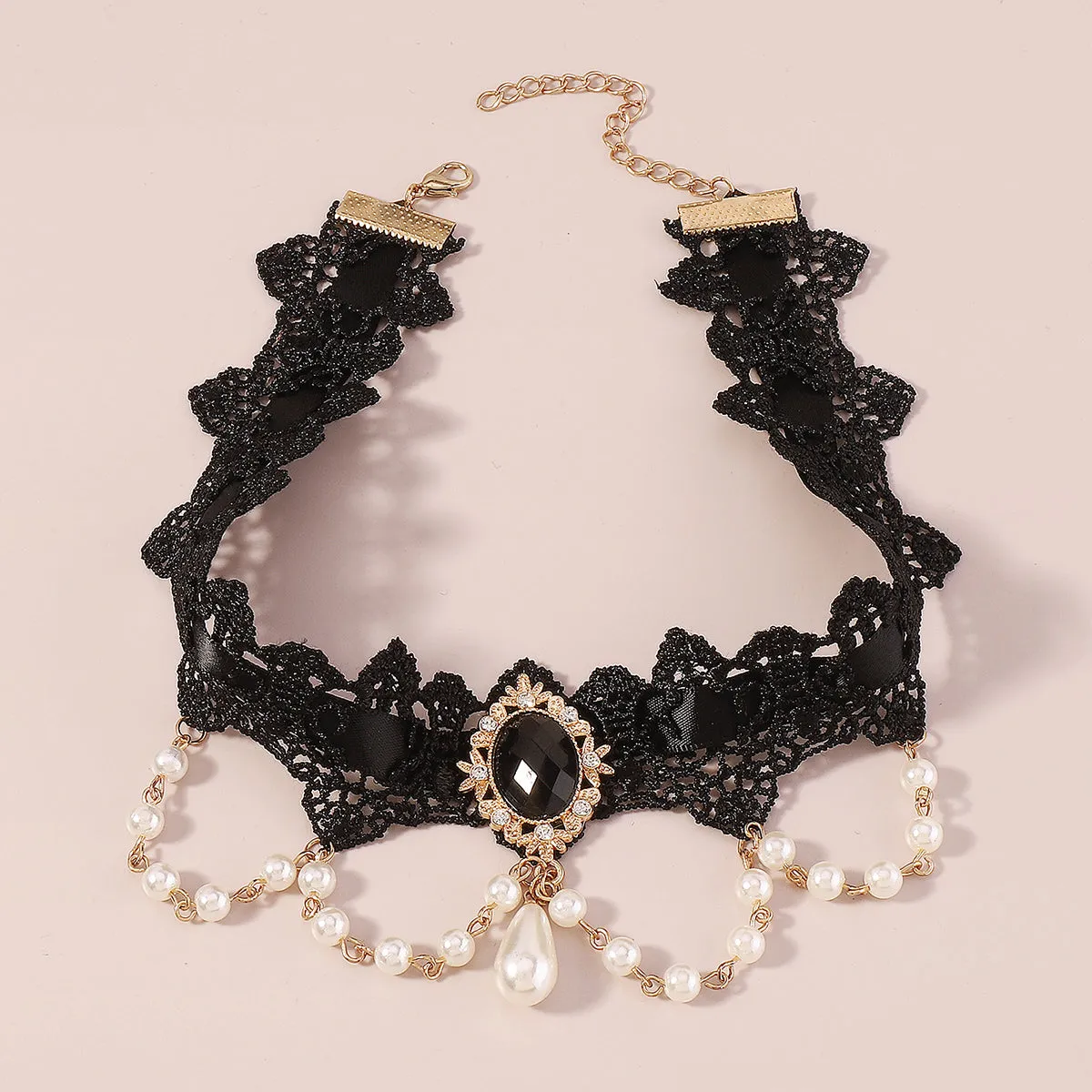 Pearl & Black Crystal Halloween Choker