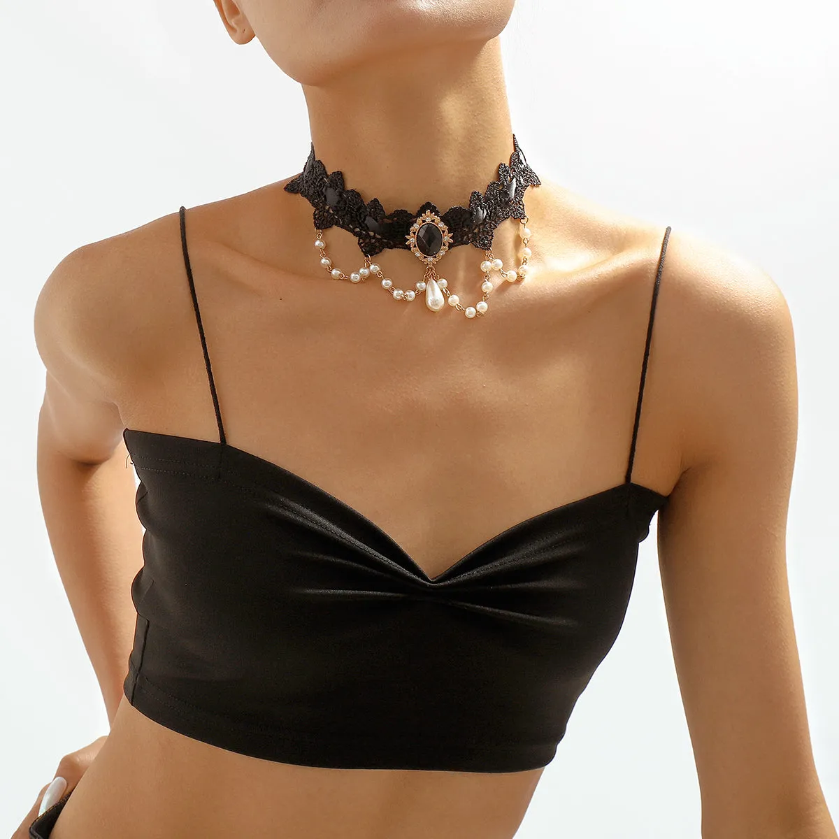 Pearl & Black Crystal Halloween Choker