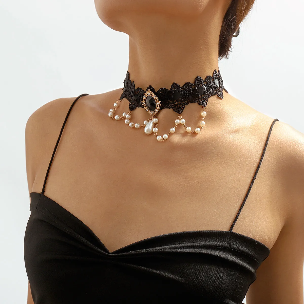 Pearl & Black Crystal Halloween Choker
