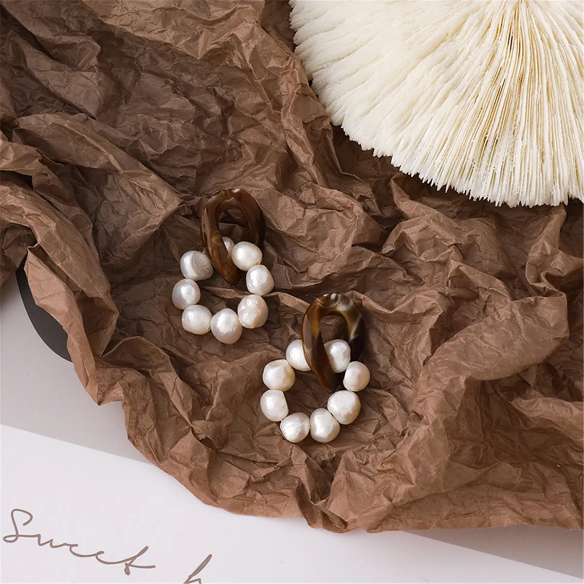 Pearl & Brown Resin Silver-Plated Beaded Drop Earrings