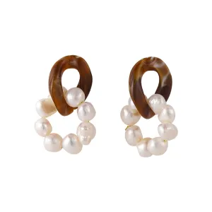 Pearl & Brown Resin Silver-Plated Beaded Drop Earrings