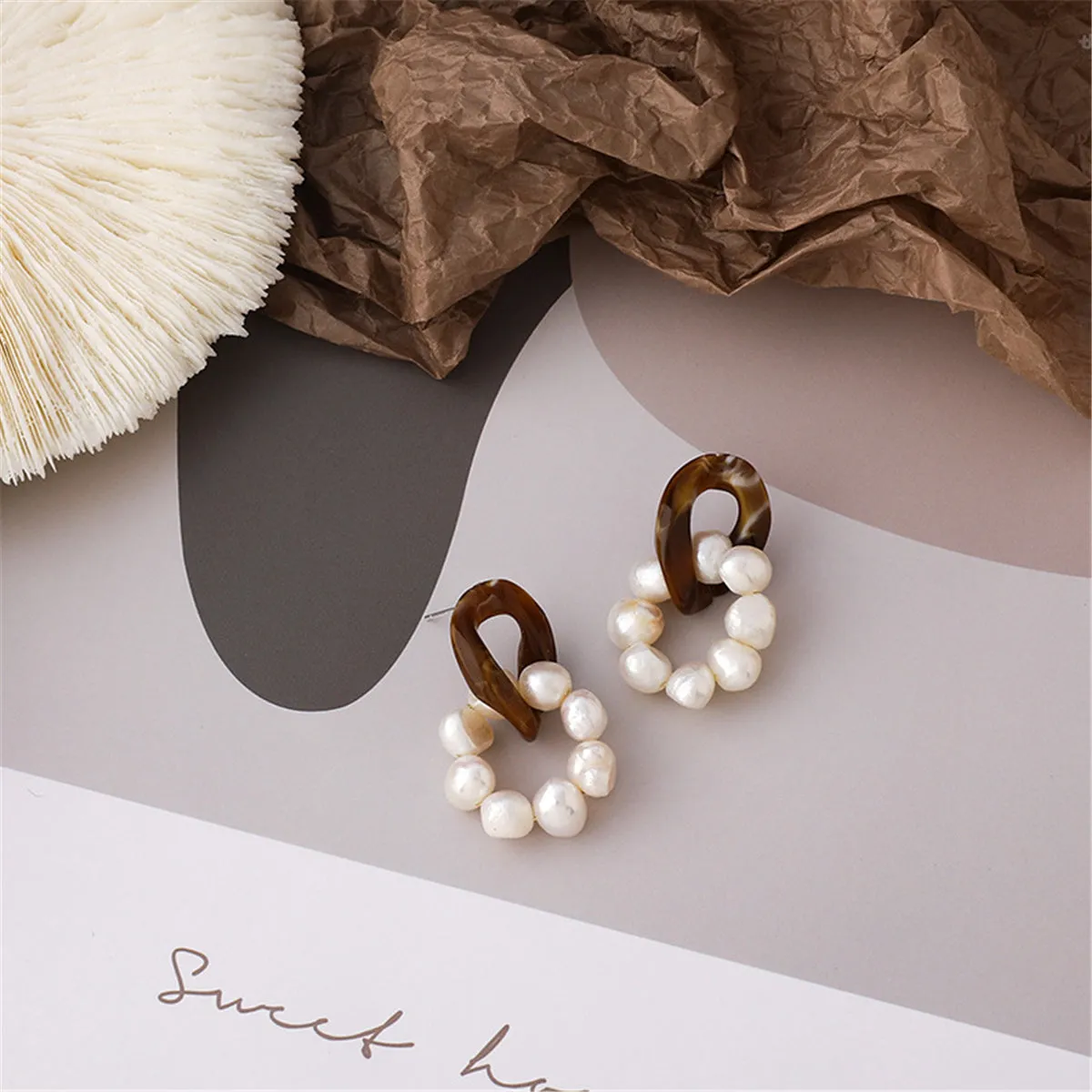 Pearl & Brown Resin Silver-Plated Beaded Drop Earrings