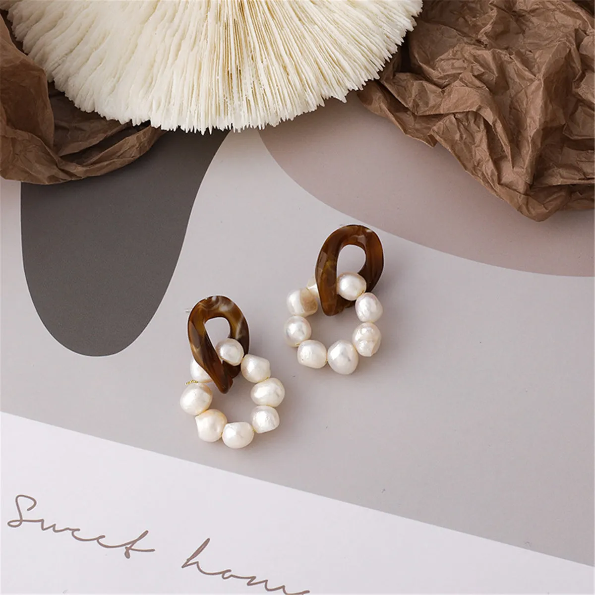 Pearl & Brown Resin Silver-Plated Beaded Drop Earrings