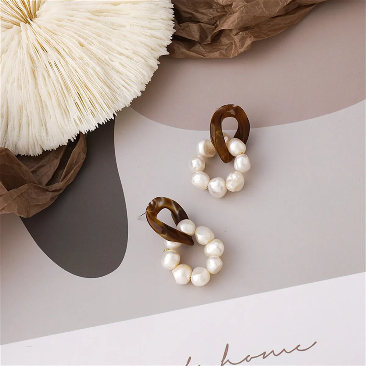 Pearl & Brown Resin Silver-Plated Beaded Drop Earrings