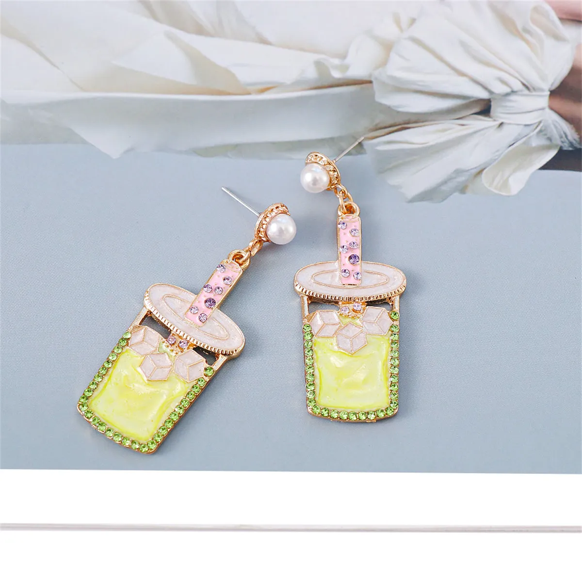 Pearl & Chartreuse Cubic Zirconia Cup Drop Earrings