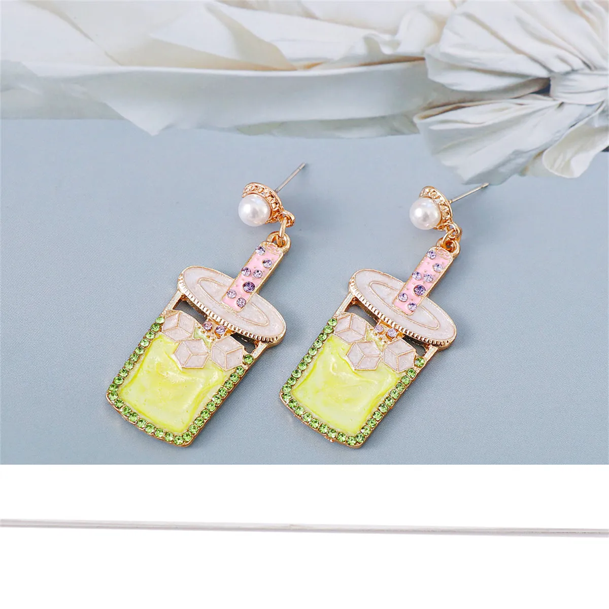 Pearl & Chartreuse Cubic Zirconia Cup Drop Earrings