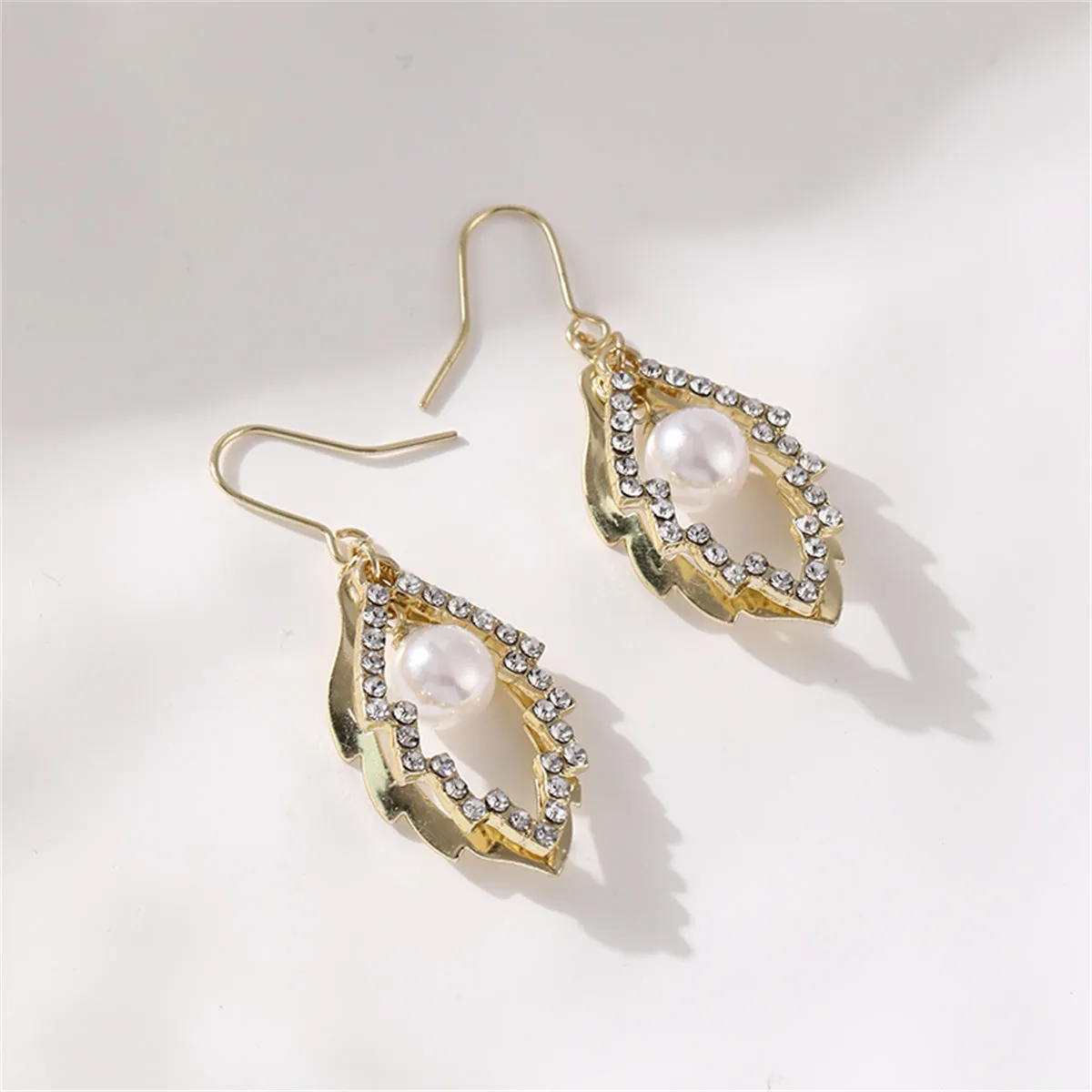 Pearl & Cubic Zirconia 18K Gold-Plated Stacked Leaves Drop Earrings