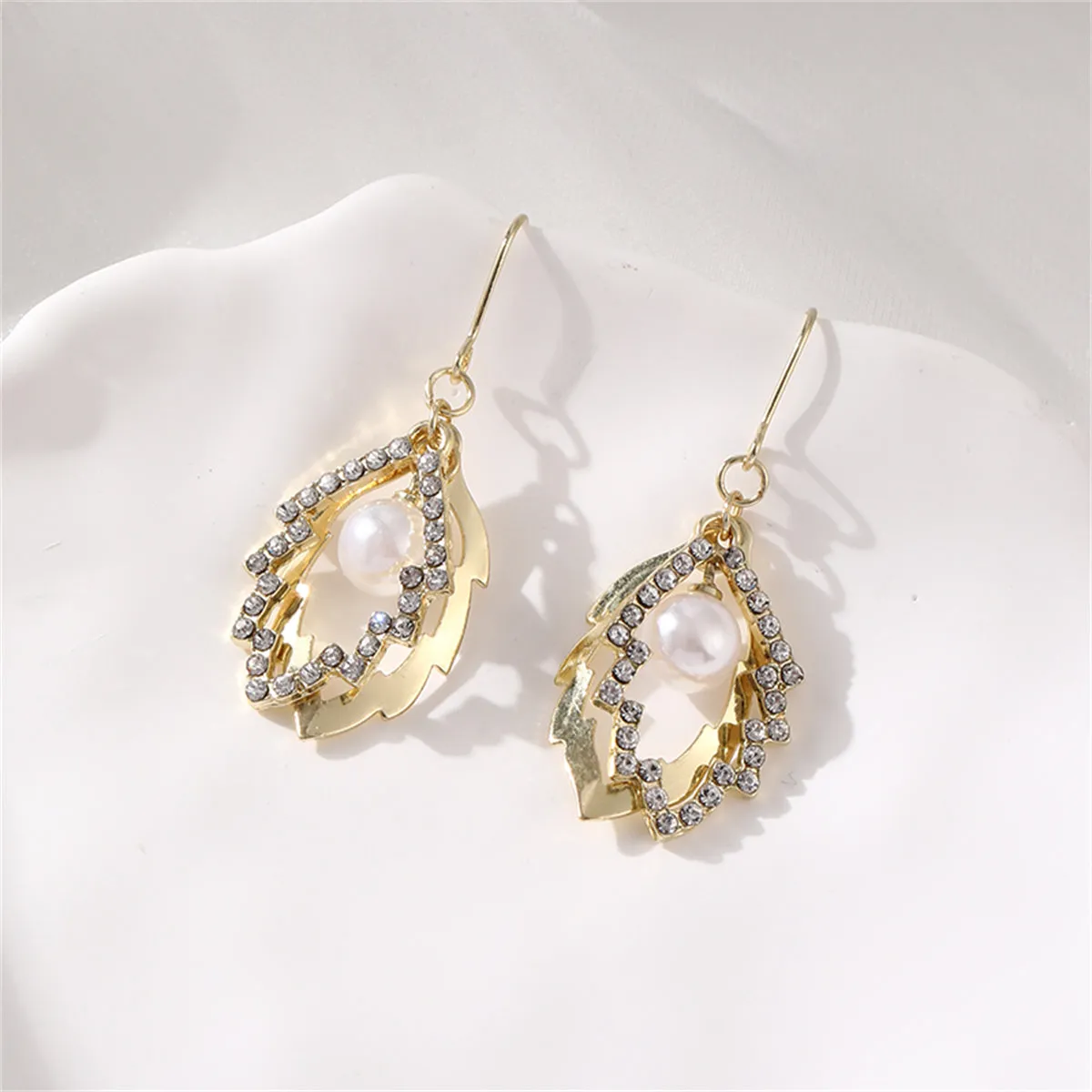 Pearl & Cubic Zirconia 18K Gold-Plated Stacked Leaves Drop Earrings
