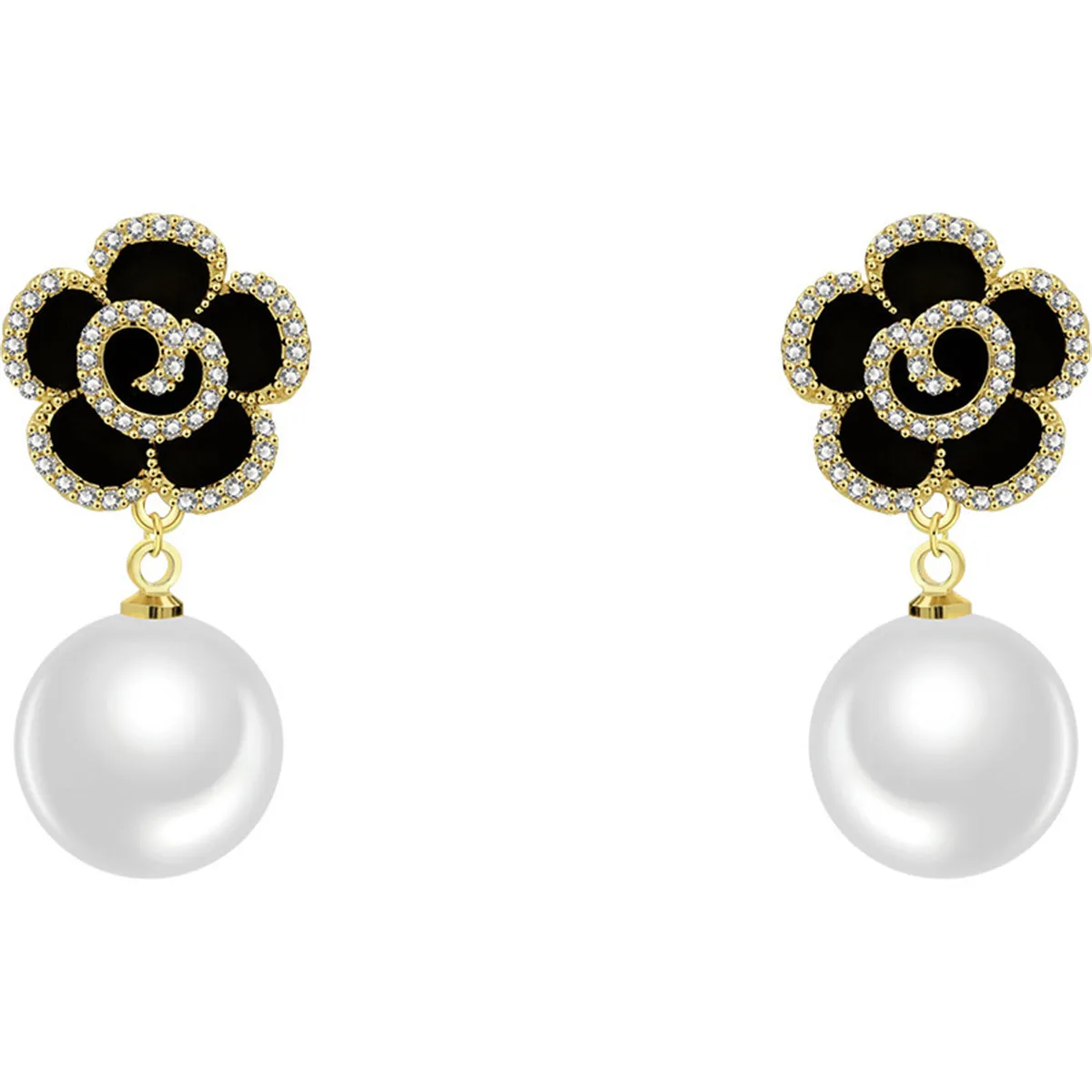 Pearl & Cubic Zirconia Enamel 18K Gold-Plated Flower Drop Earrings