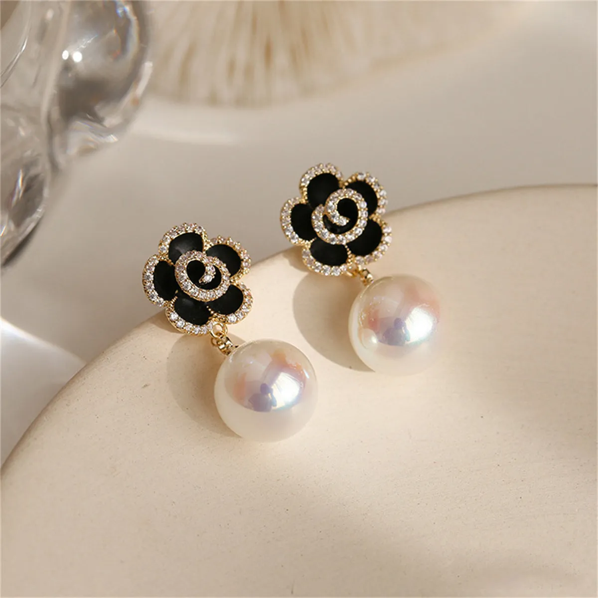 Pearl & Cubic Zirconia Enamel 18K Gold-Plated Flower Drop Earrings