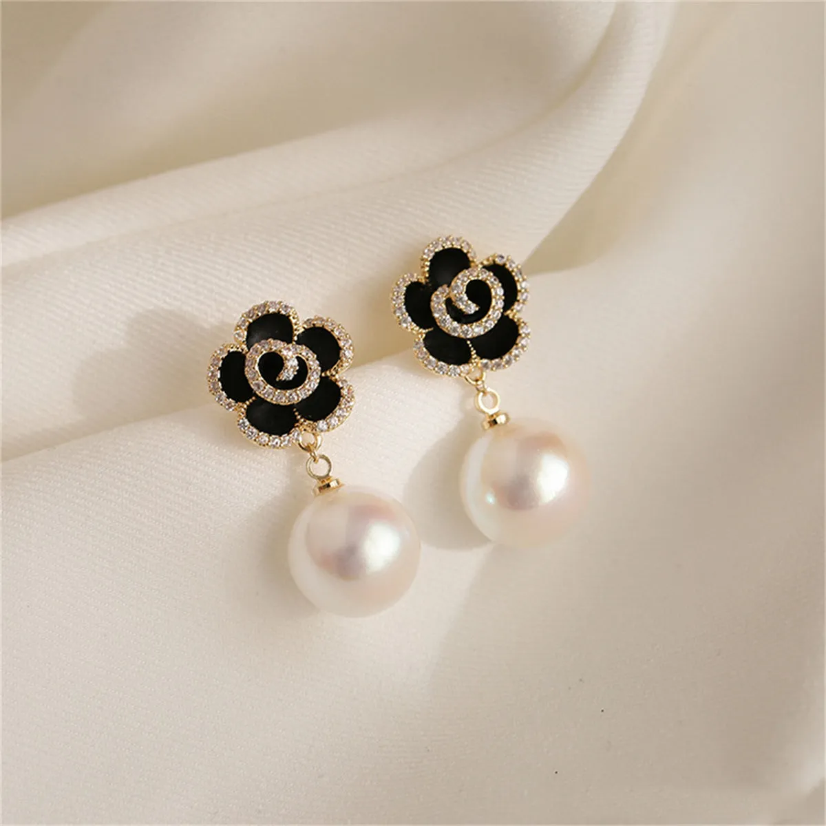 Pearl & Cubic Zirconia Enamel 18K Gold-Plated Flower Drop Earrings