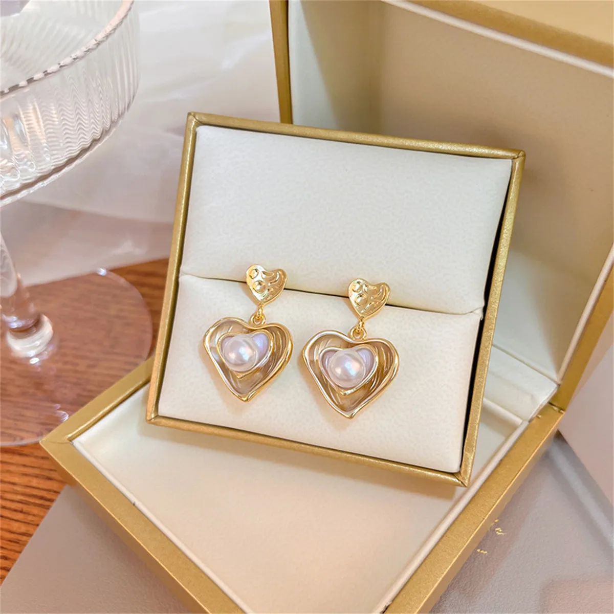 Pearl & Enamel 18K Gold-Plated Stacked Heart Drop Earrings