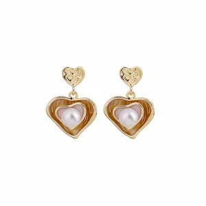 Pearl & Enamel 18K Gold-Plated Stacked Heart Drop Earrings