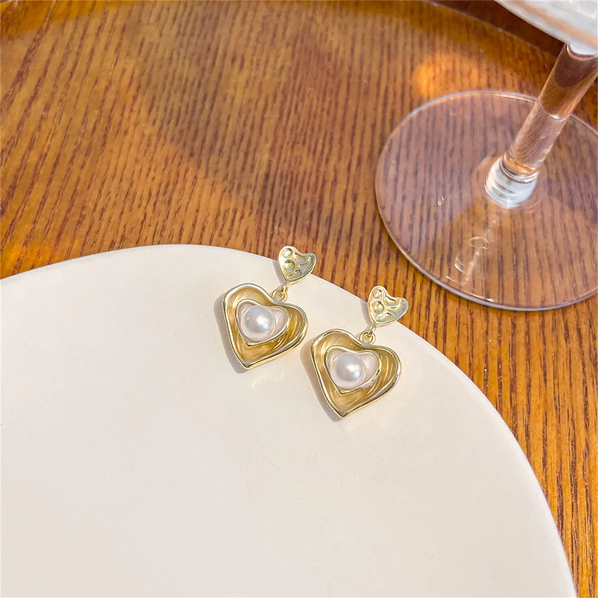 Pearl & Enamel 18K Gold-Plated Stacked Heart Drop Earrings