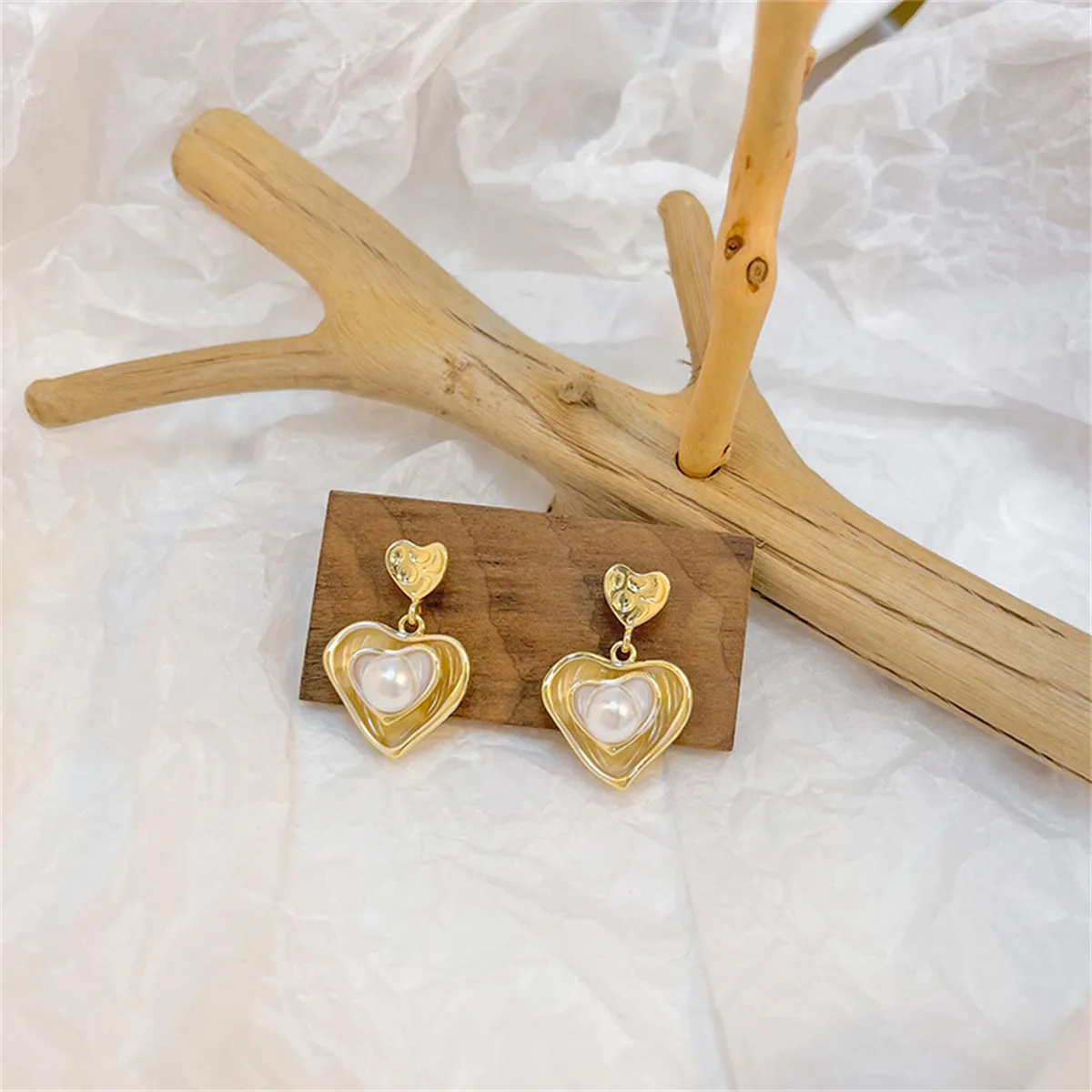 Pearl & Enamel 18K Gold-Plated Stacked Heart Drop Earrings