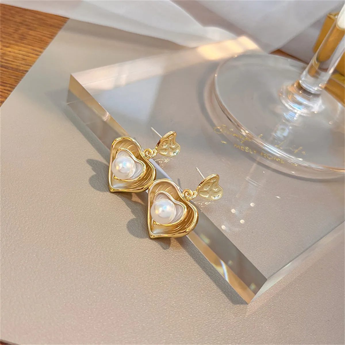 Pearl & Enamel 18K Gold-Plated Stacked Heart Drop Earrings