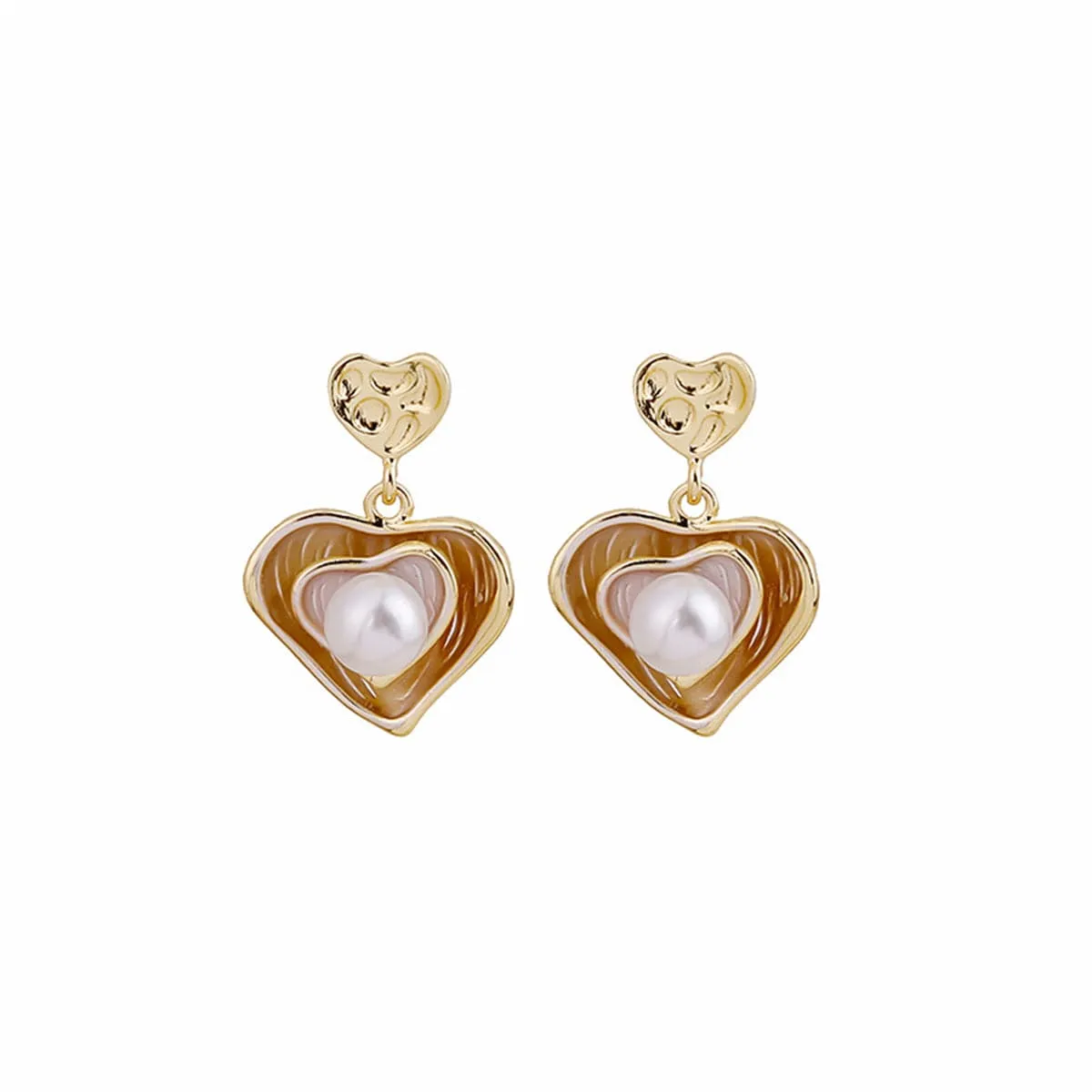 Pearl & Enamel 18K Gold-Plated Stacked Heart Drop Earrings