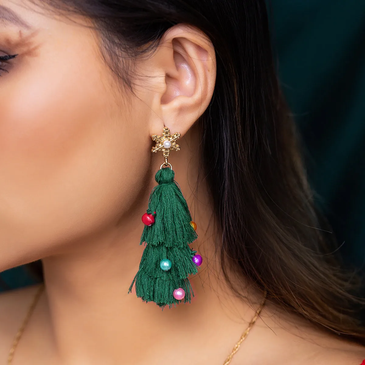 Pearl & Green Polyster 18K Gold-Plated Snowflake Christmas Tree Drop Earrings