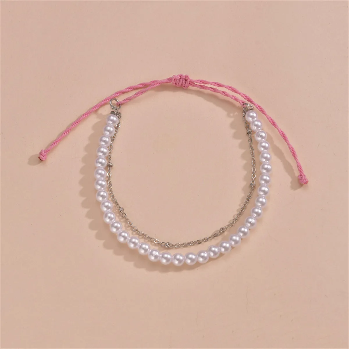 Pearl & Polyster Silver-Plated Layered Anklet