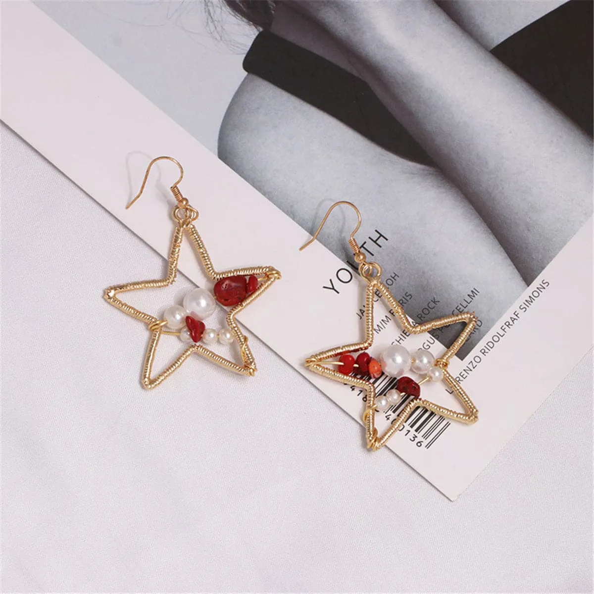 Pearl & Resin 18K Gold-Plated Open Star Drop Earrings