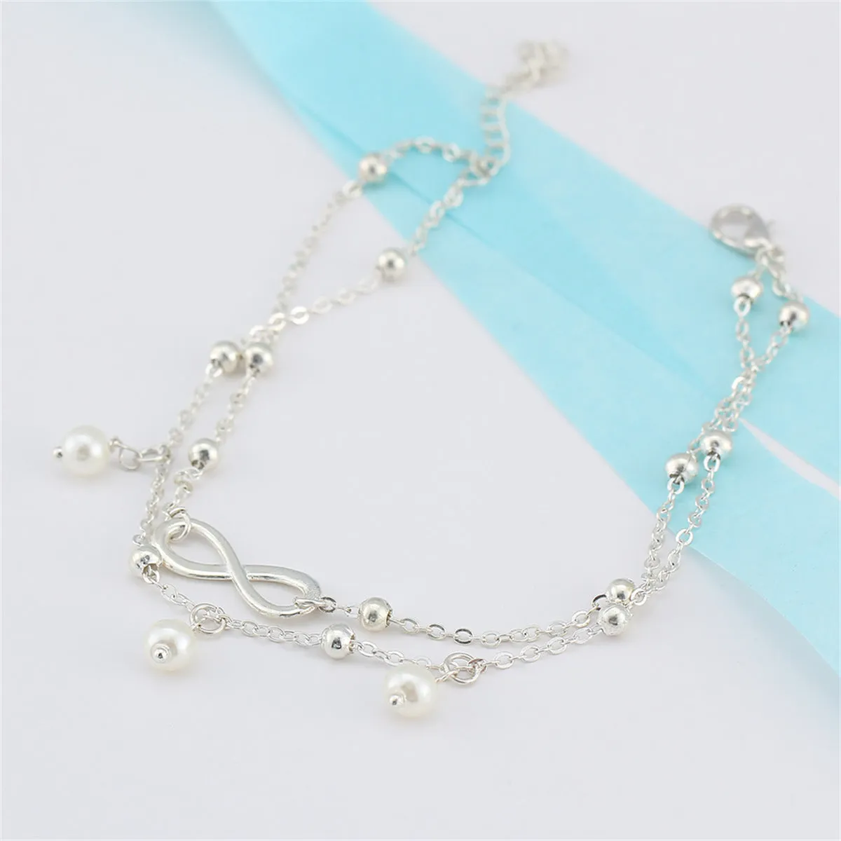 Pearl & Silver-Plated Infinity Charm Layer Anklet
