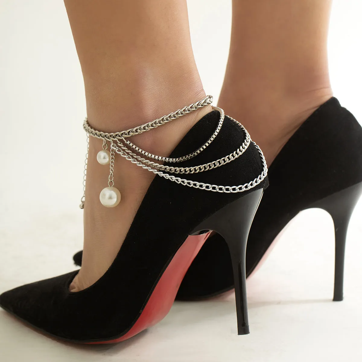 Pearl & Silver-Plated Layered Anklet
