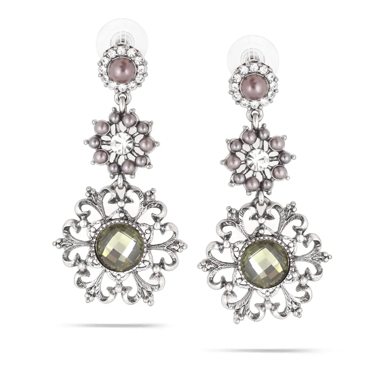 PEARL AND OLIVE FACETED STONE CRYSTAL DROP EARRINGS #246GR3401 (1C10/10D1)