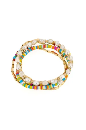 Pearl and Rainbow Beaded 18k Gold Plated Bracelet Set