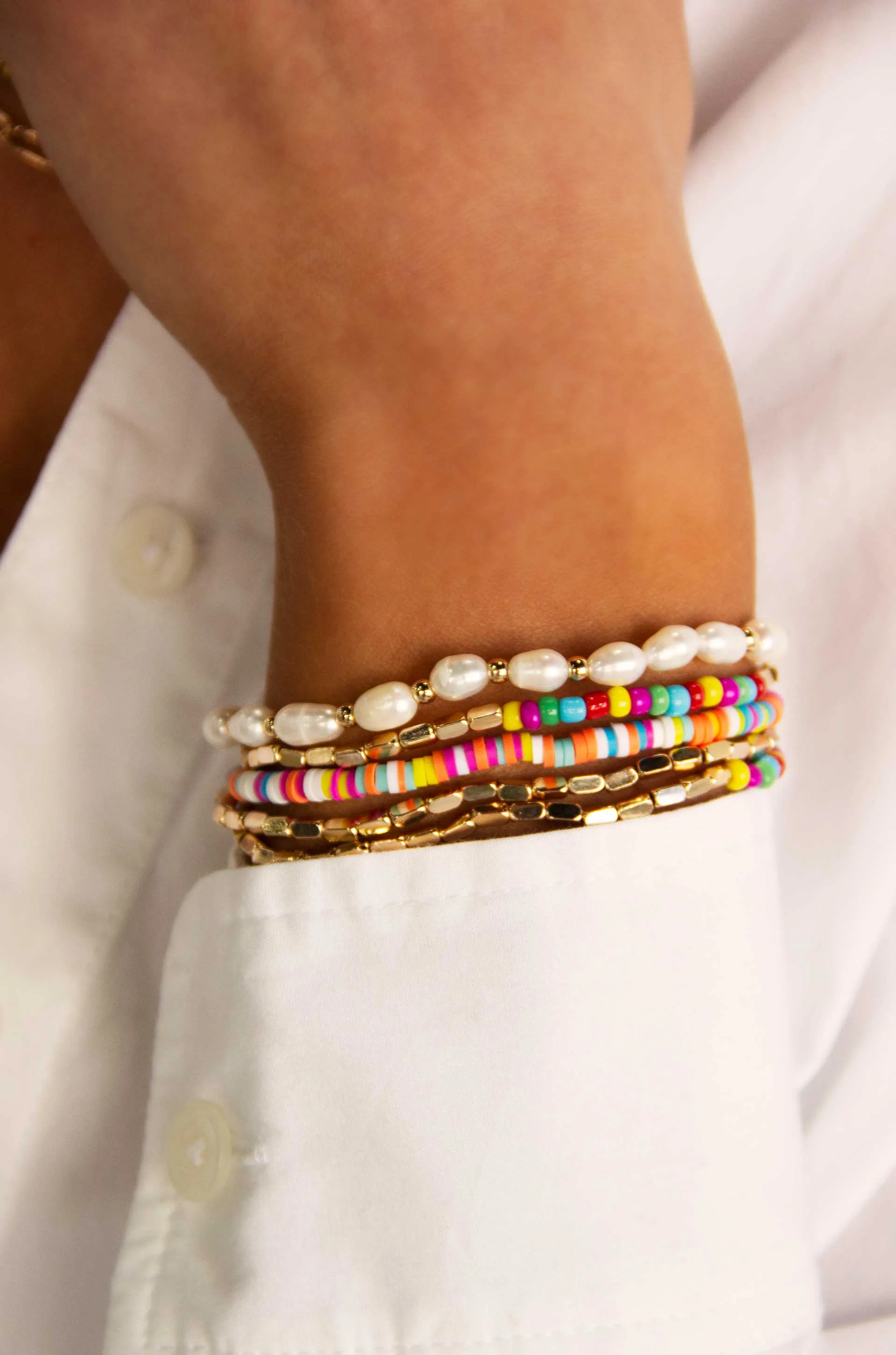 Pearl and Rainbow Beaded 18k Gold Plated Bracelet Set
