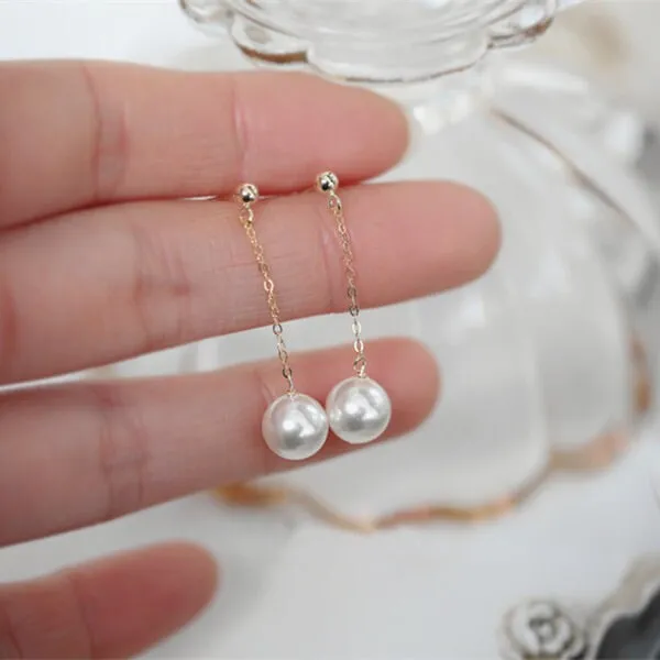 Pearl Long Drop Earrings with gold filled Chain for Daily wear or Bridal Bridesmaid