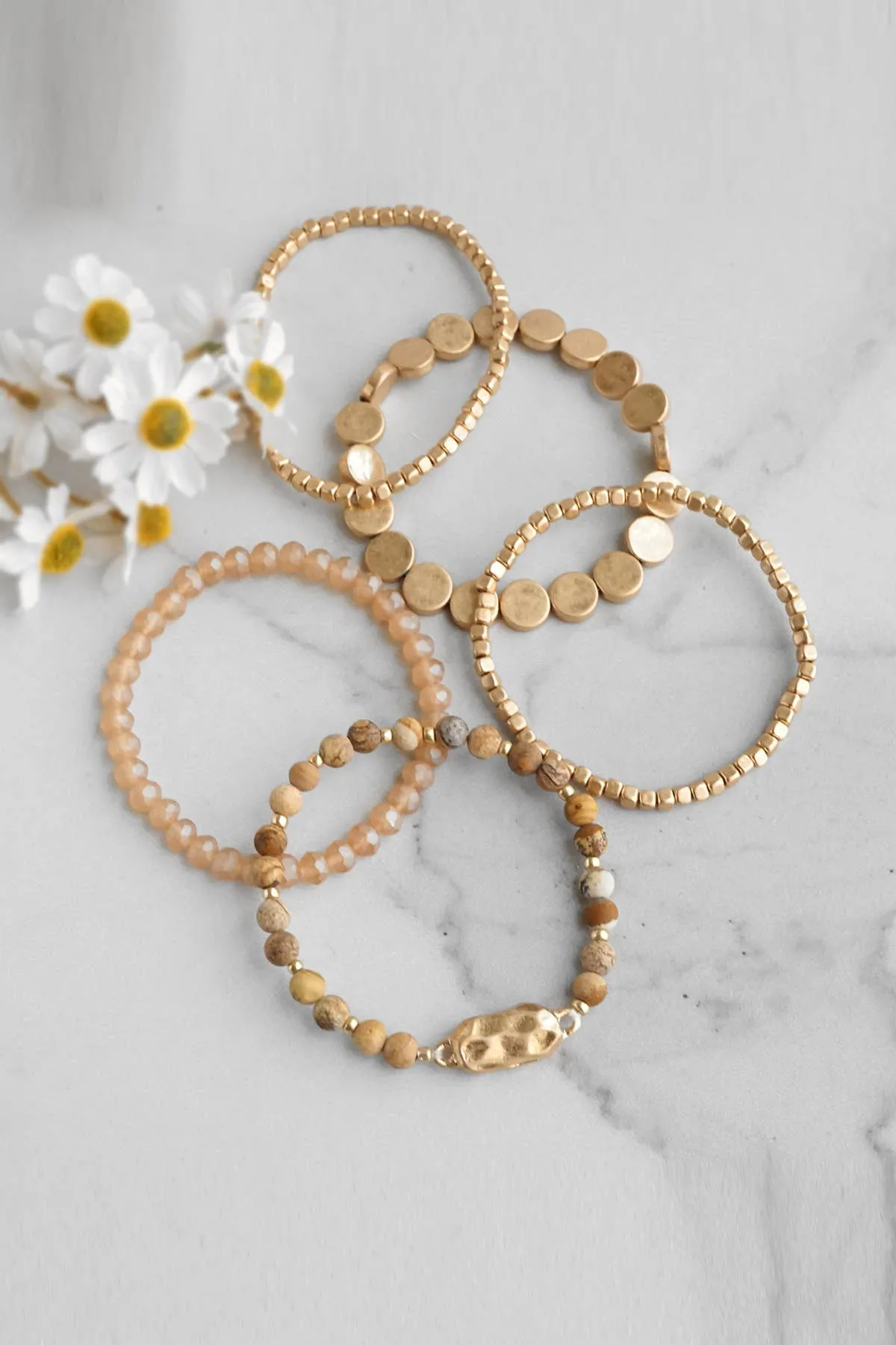 PennyLine inc - 5 piece Boho Beaded Bracelet Stack Semi precious glass beads