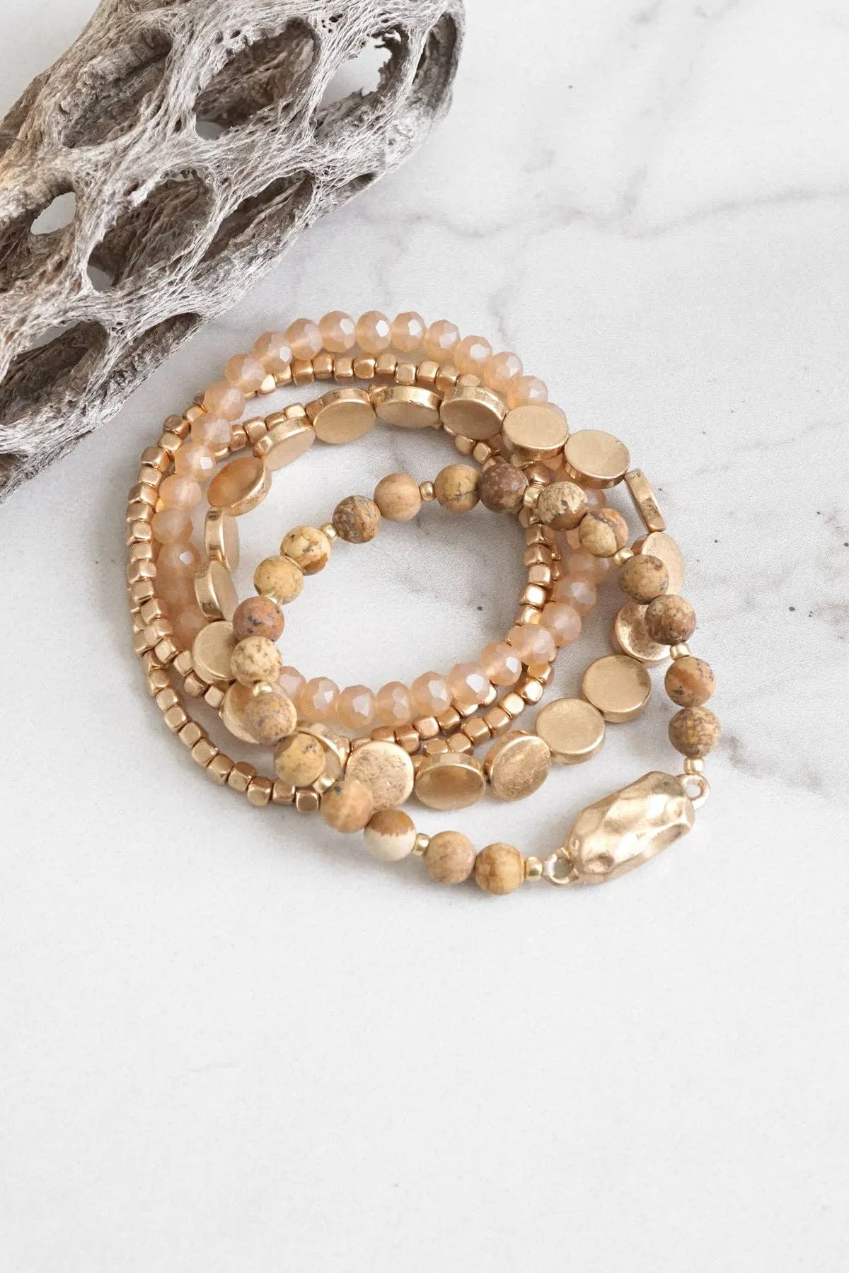 PennyLine inc - 5 piece Boho Beaded Bracelet Stack Semi precious glass beads