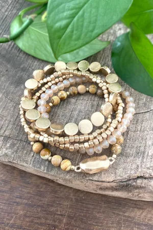 PennyLine inc - 5 piece Boho Beaded Bracelet Stack Semi precious glass beads