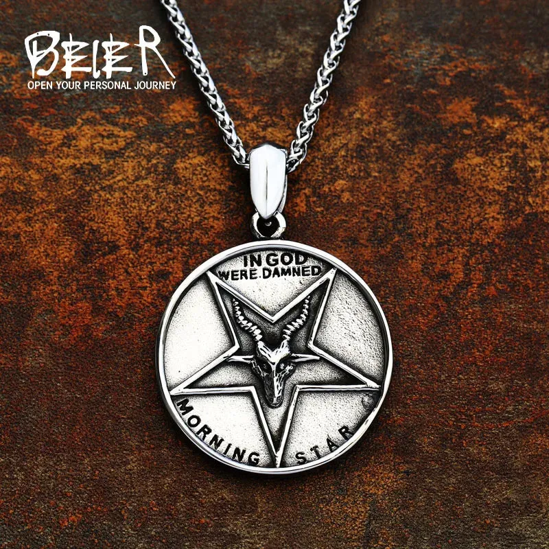 Pentagram Pan God Skull Goat Head Stainless Steel Pendant Necklace
