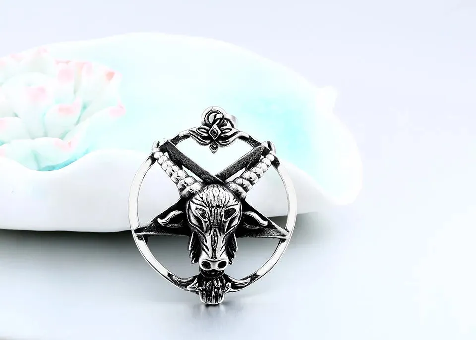 Pentagram Pan God Skull Goat Head Stainless Steel Pendant Necklace