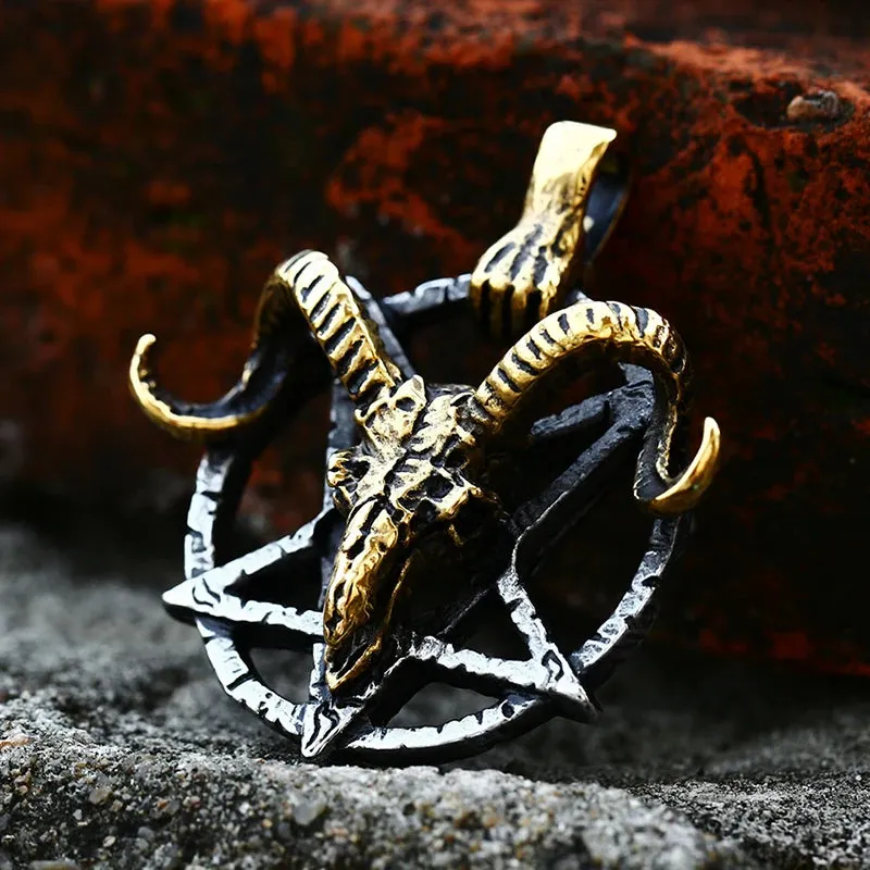 Pentagram Pan God Skull Goat Head Stainless Steel Pendant Necklace