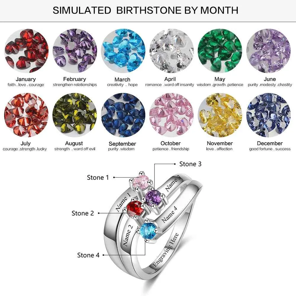 Personalized 4 Friends Name Birthstone Rings