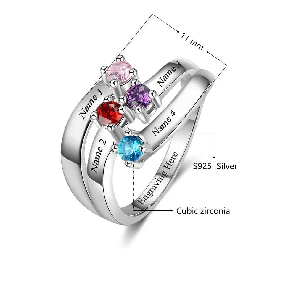 Personalized 4 Friends Name Birthstone Rings