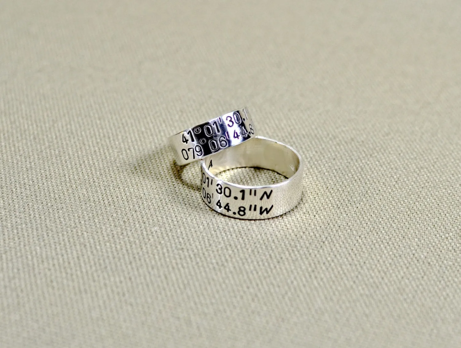 Personalized latitude longitude coordinates on sterling silver ring set