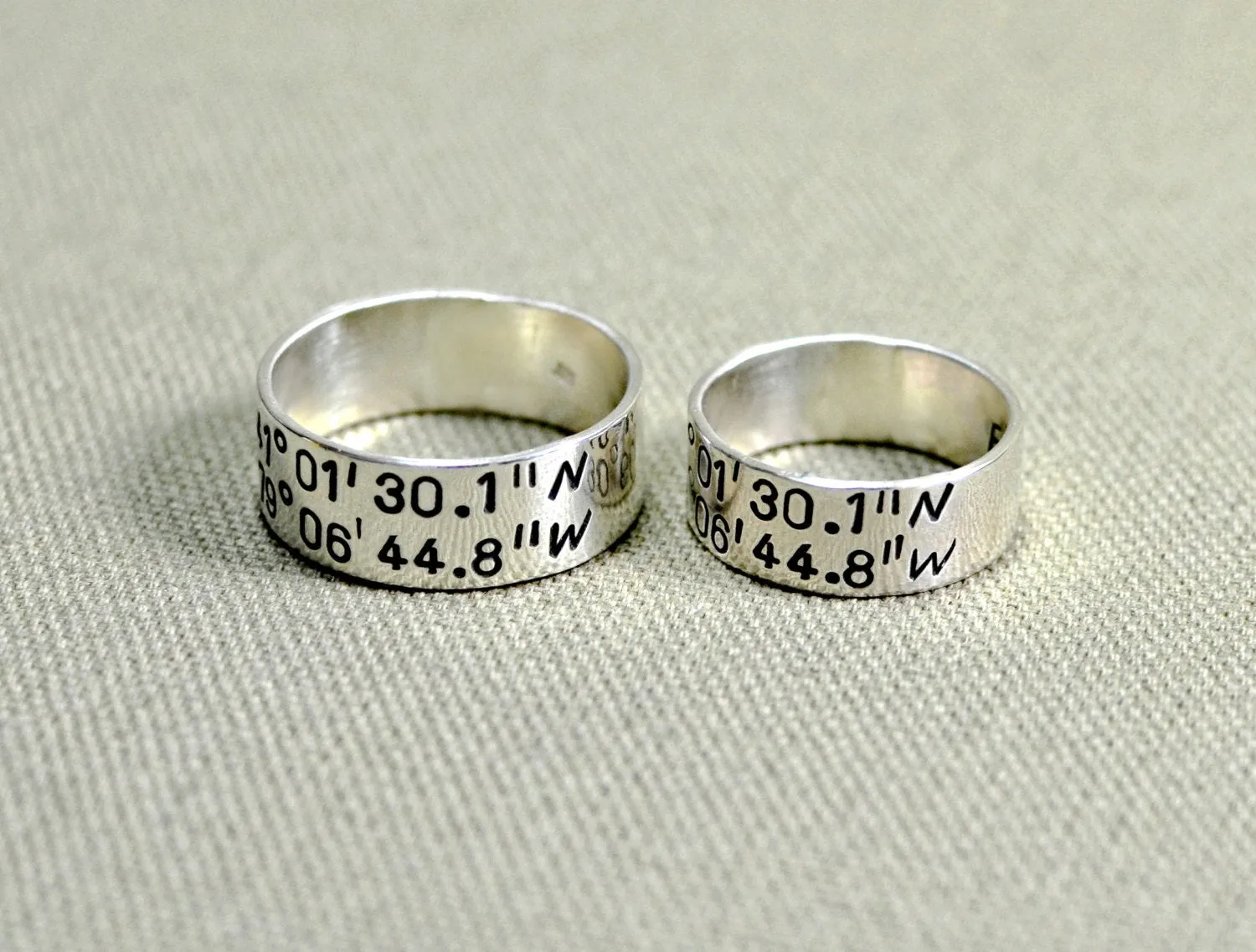 Personalized latitude longitude coordinates on sterling silver ring set