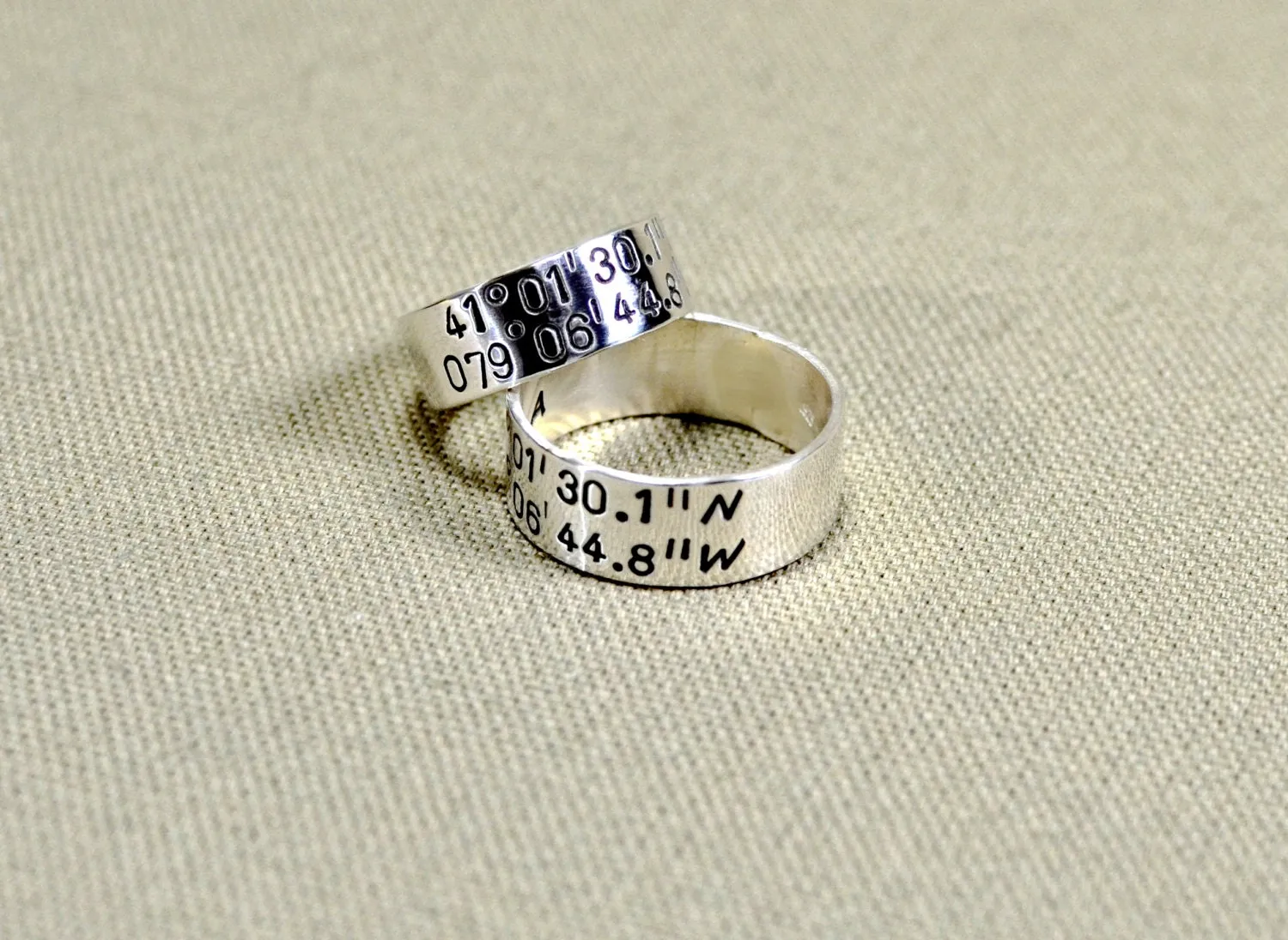 Personalized latitude longitude coordinates on sterling silver ring set